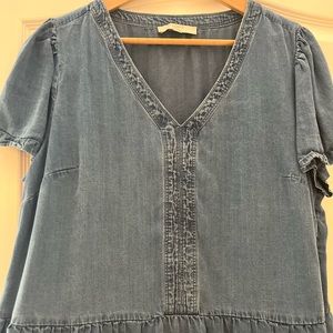 LOFT Plus Denim Peplum Top with Puff Sleeve